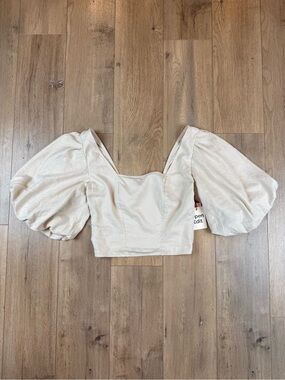 Open Edit Puff Sleeve Linen Crop Top